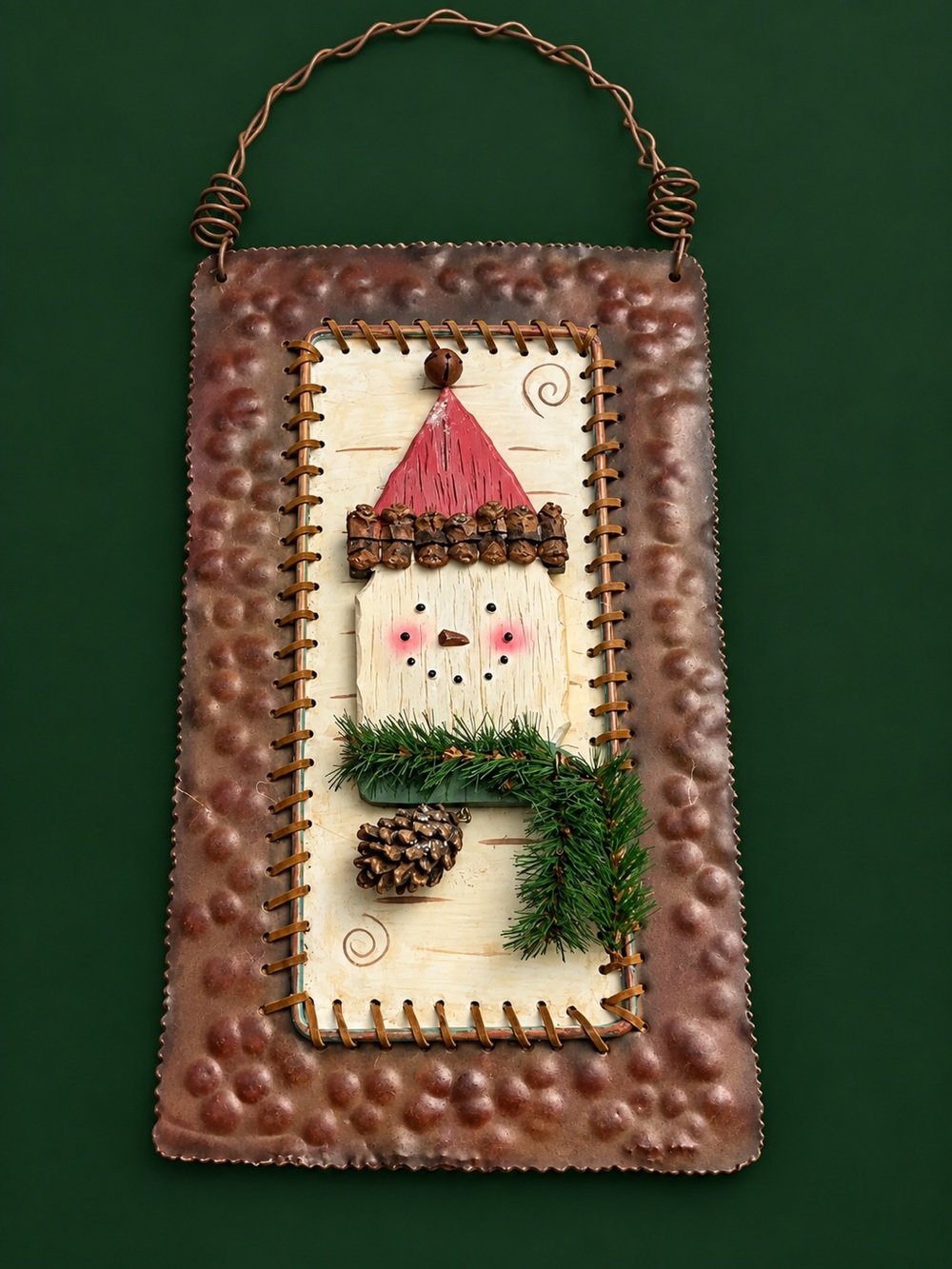 Rustic Snowman Christmas Wall Hanging Metal Wood Pinecone Holiday Decor